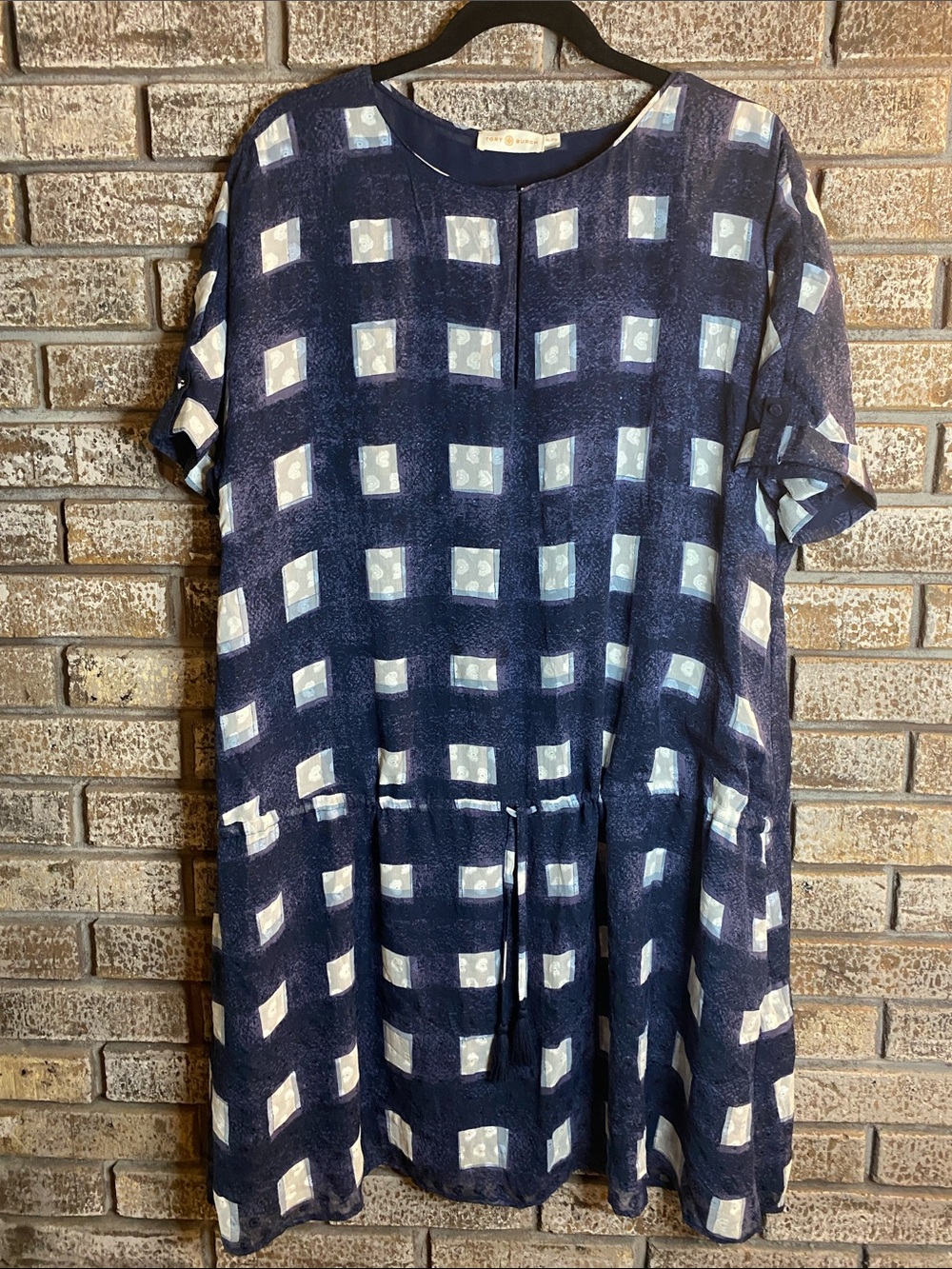 Tory Burch Navy and Light Gray Check Drawstring Lined Short Sleeve Dress